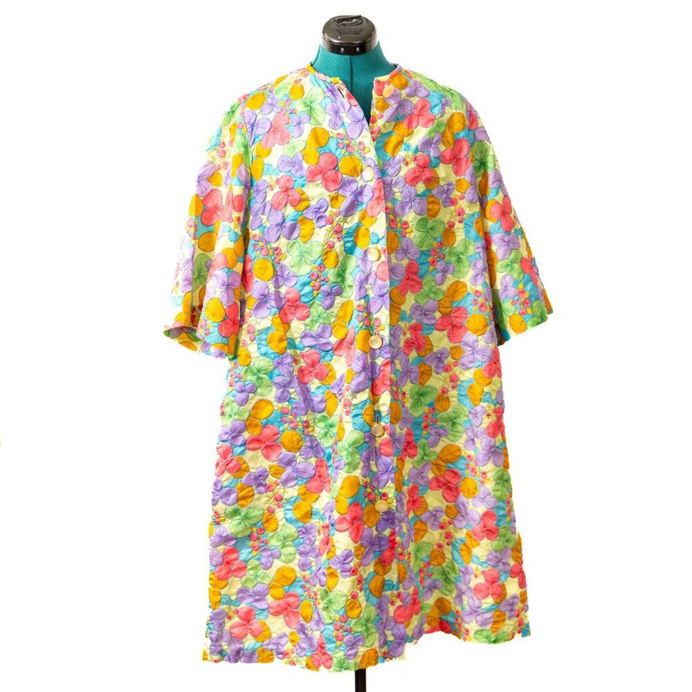 Vintage Housecoat Duster Dress Bright Florals Sho… - image 1